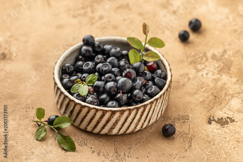 Wild blueberries in a ceramic bowl on brown textured background, copy space