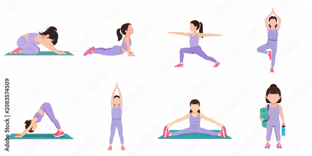 © Kitanti - Cute Little Girl Character Set Doing Different Yoga Poses and Fitness Exercises, Kids Yoga Vector Illustration