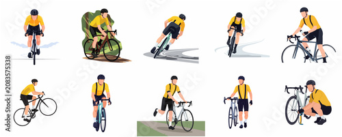 Fotografie Professional male cyclists set, flat vector illustrations of men in yellow jerseys riding road bikes, racing, training, and repairing bicycle