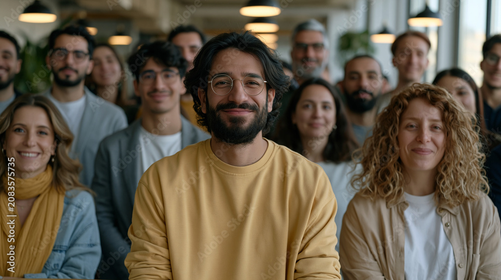 Fototapeta premium Wide environmental shot of Lebanese and Korean cooperative platform workers gathered around shared ownership agreement signing, democratic workspace, modern coworking interior,