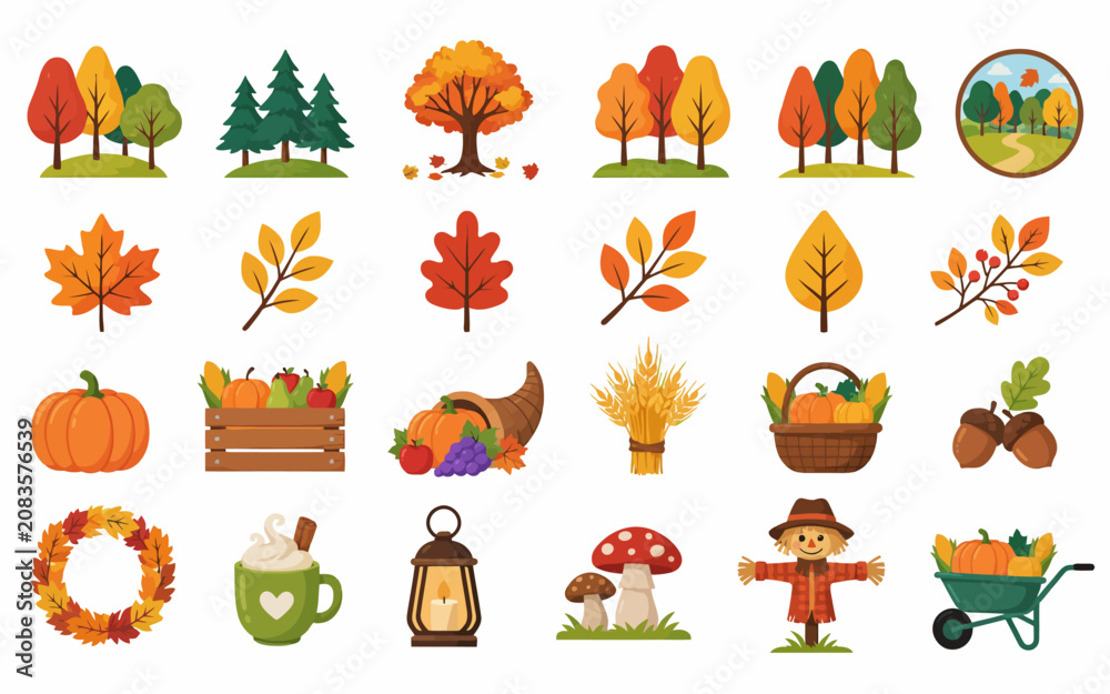 Obraz premium Colorful autumn harvest icons with trees leaves vegetables and seasonal decorations