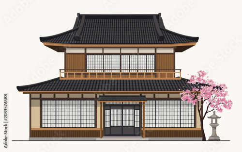 Traditional Japanese Building With Cherry Blossom Tree Illustration