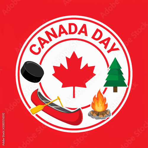 Canada Day Celebration Graphic With Maple Leaf And Traditional Symbols