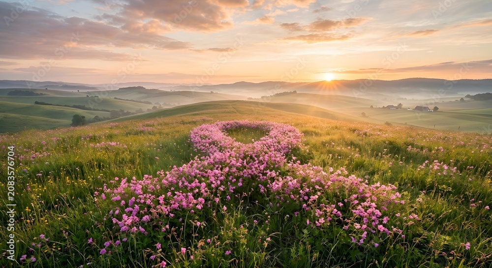 Fototapeta premium Breast Cancer Awareness Ribbon Formed By Blooming Pink Flowers During Peaceful Sunrise Morning Landscape