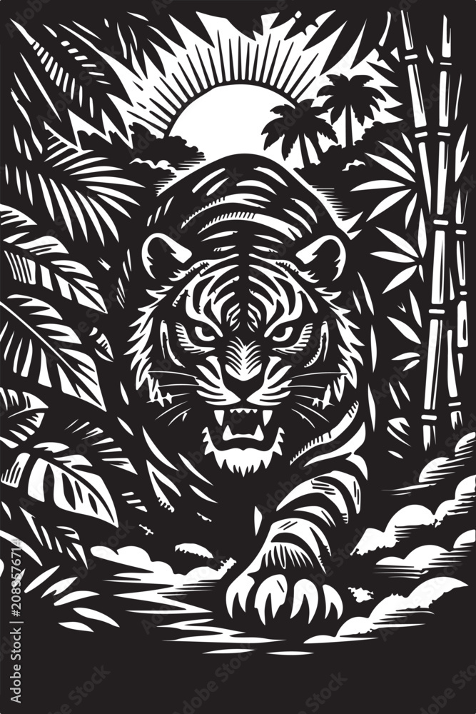 Fototapeta premium Fierce Tiger Stalking Through Jungle Sunset