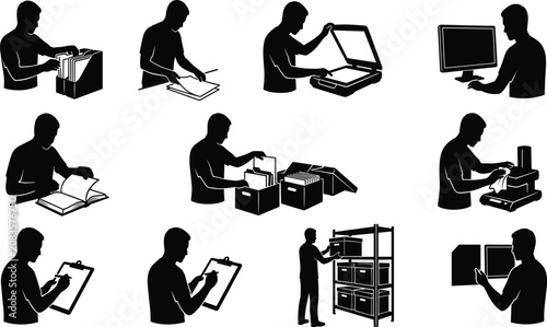 Bild auf Leinwand Wind turbine maintenance silhouette set featuring engineers repairing green energy systems, climbing towers, and inspecting wind generators