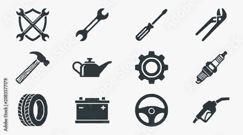 Automotive Tools and Vehicle Components Icon Set.