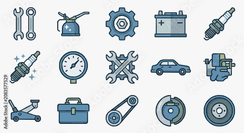 Illustrated automotive maintenance tools and vehicle parts.