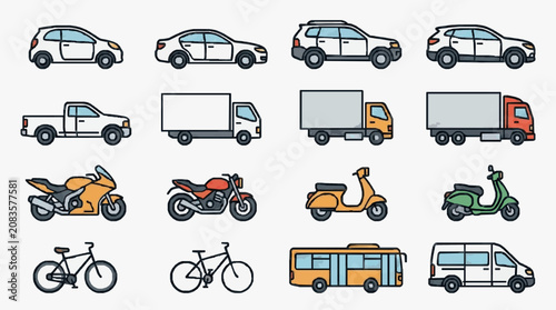Diverse Vehicles and Transportation Icons Collection.