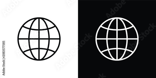 Globe grid line icon set on black and white background. Global network, planet earth, and worldwide internet web communication vector illustration.