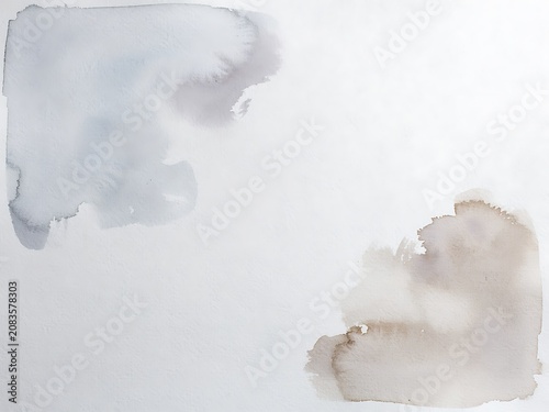 Abstract watercolor painting with soft grey and beige washes on a white textured paper background