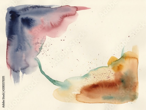 Abstract watercolor painting with blue and brown washes and splatters on off-white paper texture