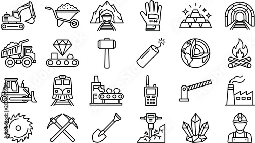 Bild auf Leinwand Mining industry and coal extraction line icon set featuring heavy machinery tunn