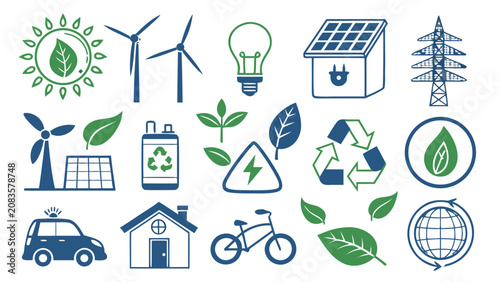 Eco friendly icons show renewable energy and sustainable living.