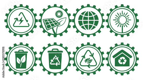 Eco friendly icons representing sustainable living and renewable energy sources are shown