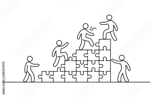 People working together climbing up a stairway made of jigsaw puzzle pieces for business success and teamwork concept Vector, illustration