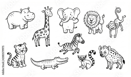 Photography Cute hand-drawn savannah animal vector collection, playful black and white doodl