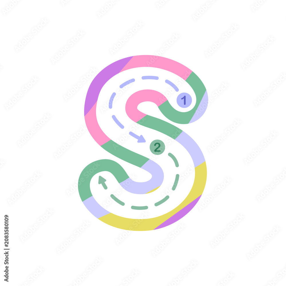 Fototapeta premium Colorful lowercase letter s tracing worksheet designed for preschool and kindergarten children. Fun alphabet handwriting practice with directional path, perfect for early education, worksheets