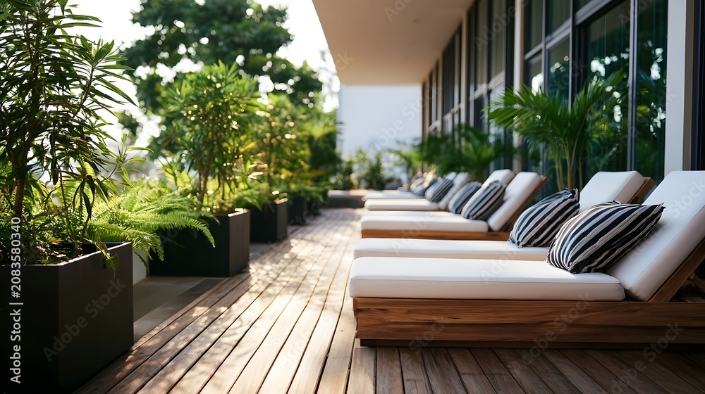 Fototapeta premium Modern wooden deck terrace lined with lounge chairs and potted tropical plants under bright daylight