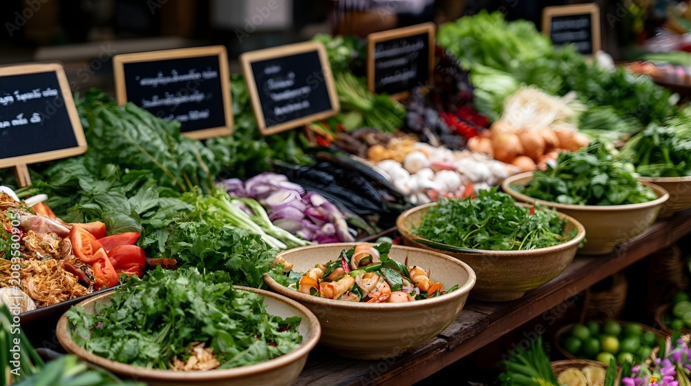 Obraz premium Fresh produce stall displays vibrant vegetables herbs and prepared dishes in wooden bowls with small chalkboard signs