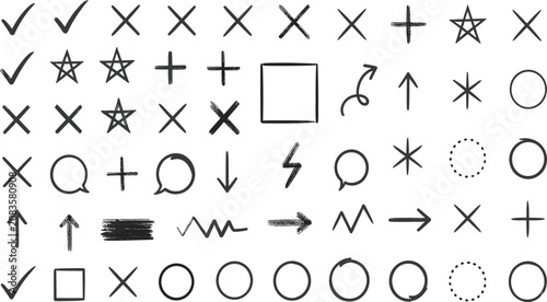 Foto Hand drawn doodle symbols vector, pencil sketch marks, arrow check cross star ci
