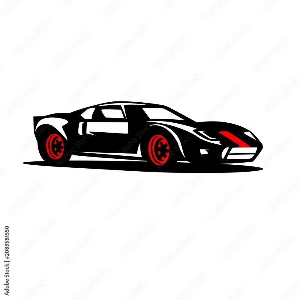 Fototapeta premium Stylized illustration of a sleek black sports car with red accents, including red wheels and a front hood stripe