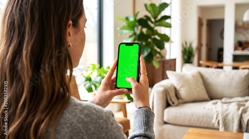 Woman holding mobile phone with green screen mockup in bright cozy living room, person using smartphone for mobile app demo, remote communication or social media interaction.
