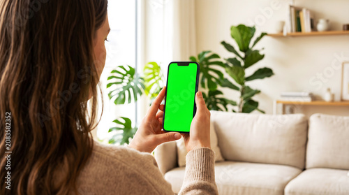 Woman holding mobile phone with green screen mockup in bright cozy living room, person using smartphone for mobile app demo, remote work or social media browsing at home.
