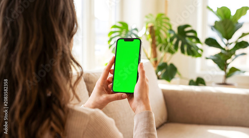 Woman holding mobile phone with green screen mockup in cozy living room, using smartphone for social media browsing, mobile app demo or remote communication at home comfort.
