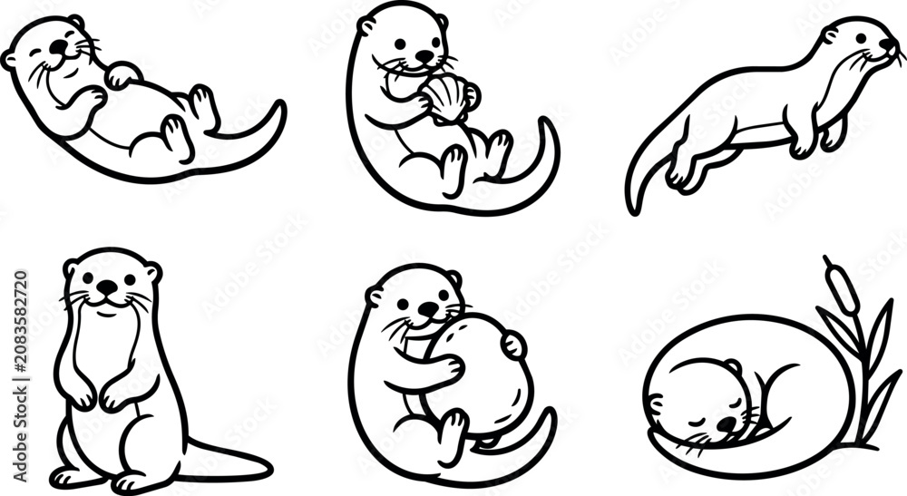 Fototapeta premium Playful otters in various poses with shell and sleeping near cattails