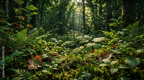 Lush green forest floor with sunbeams filtering through the dense canopy, illuminating ferns and moss