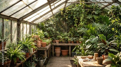 A sunlit greenhouse filled with lush green plants and potted vegetation, creating a vibrant and natural sanctuary for growth and cultivation