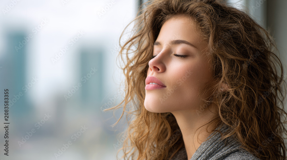 Fototapeta premium Young woman enjoying peaceful deep breath, closing eyes for meditation and relaxation, finding calm and mindfulness in urban home, escaping city stress