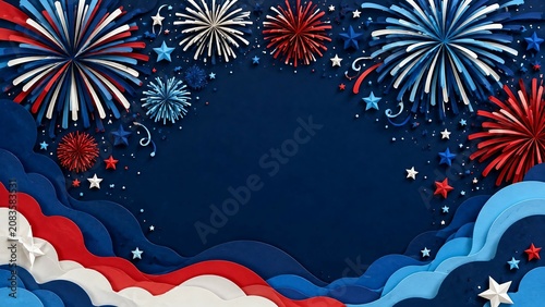 Patriotic Red White Blue Paper Cut Fireworks Background with Copy Space