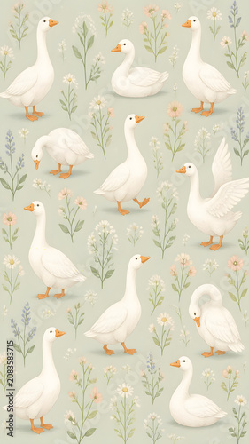 Beautiful white geese standing and swimming among delicate spring wildflowers in a soft pastel colored digital art pattern wallpaper design