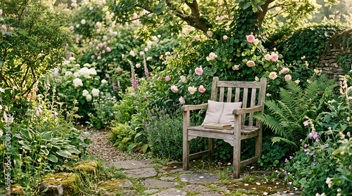 A peaceful wooden armchair with a cushion and book sits on a stone path surrounded by a lush flowering garden with roses and hydrangeas