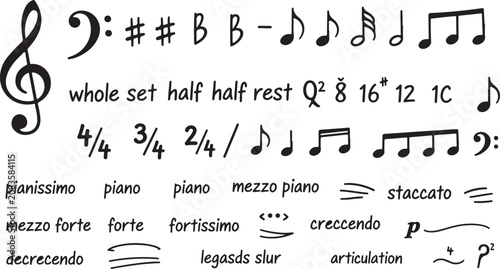 Fotografi A comprehensive digital asset sheet displaying various black music theory symbols, including clefs, time signatures, notes, rests, and dynamic markings