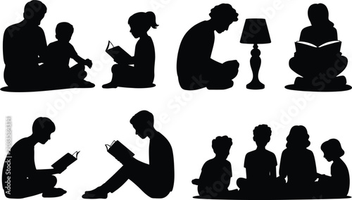 Diverse collection of black silhouettes showing children and adults sitting together while reading various books in a quiet indoor setting