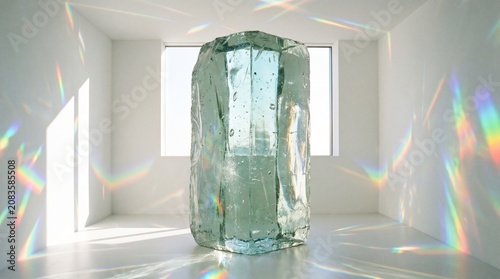 Large translucent glass block stands in a bright room filled with vivid rainbow light prism reflections