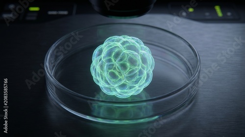 Close-up of a vibrant biological cell cluster glowing within a clear petri dish in a laboratory setting.