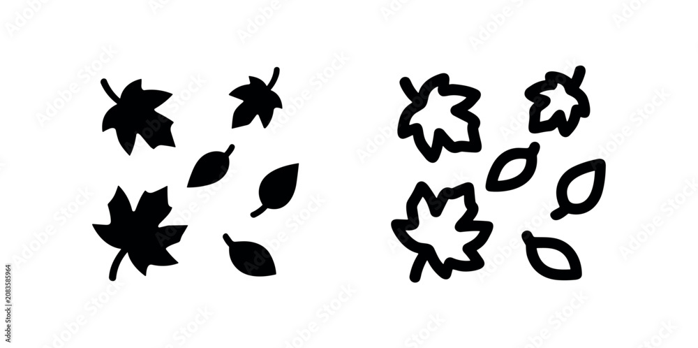 Fototapeta premium Autumn leaves icon, falling foliage and seasonal nature symbol. Maple and diverse leaf shapes. Black and outline versions.