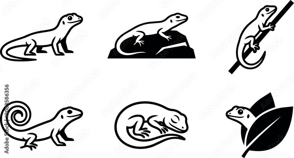 Obraz premium Black and white stylized lizard icons in various poses and settings