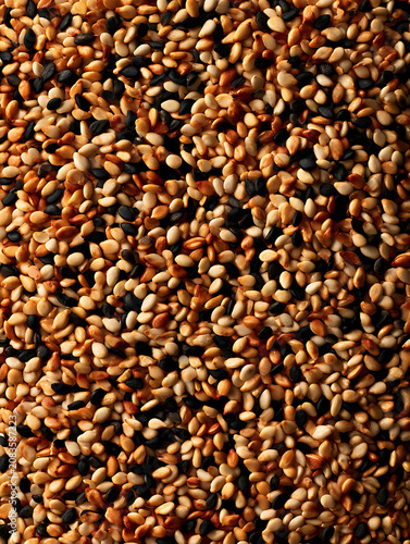 Thousands of gleaming golden white and black sesame seeds