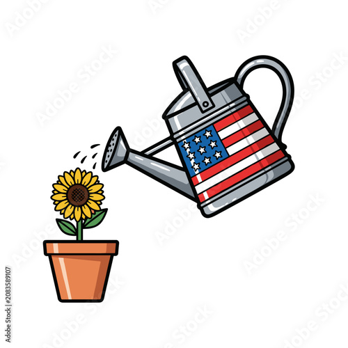 Patriotic watering can nourishing a blooming yellow sunflower