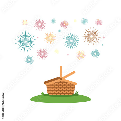 Picnic basket on grass under colorful fireworks display