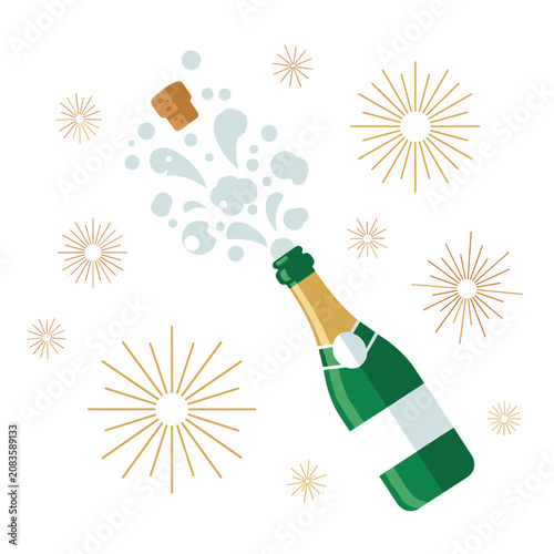 Champagne bottle popping with cork and splash