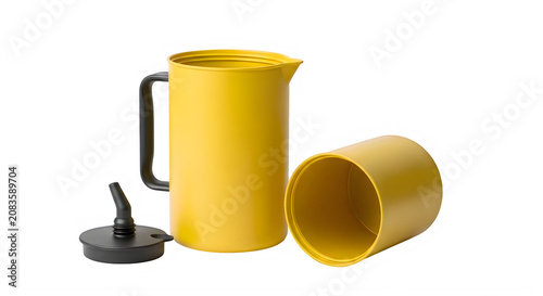Yellow watering can and hose set on white background with black handle