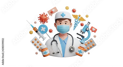 Healthcare professionals and medical equipment in a circular arrangement