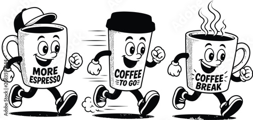 Tableau sur toile Vintage cartoon illustration of anthropomorphic coffee cups running with express
