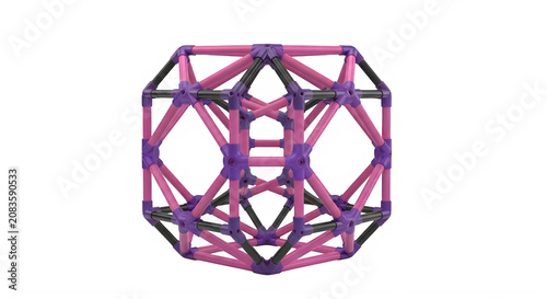 A complex geometric structure with interconnected nodes and lines forming a three-dimensional shape.